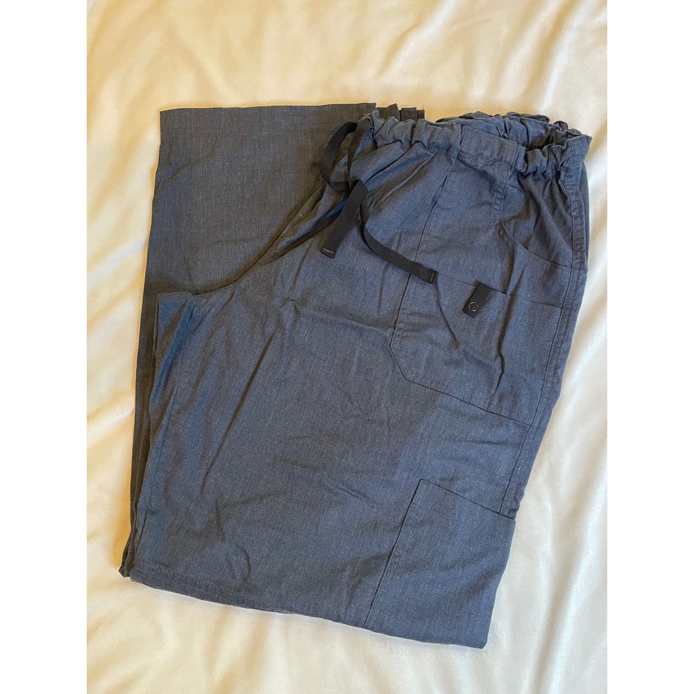 Butter-Soft Stretch Scrub Pants Womens 2X Blue Wide Leg Cargo Drawstring BSS696